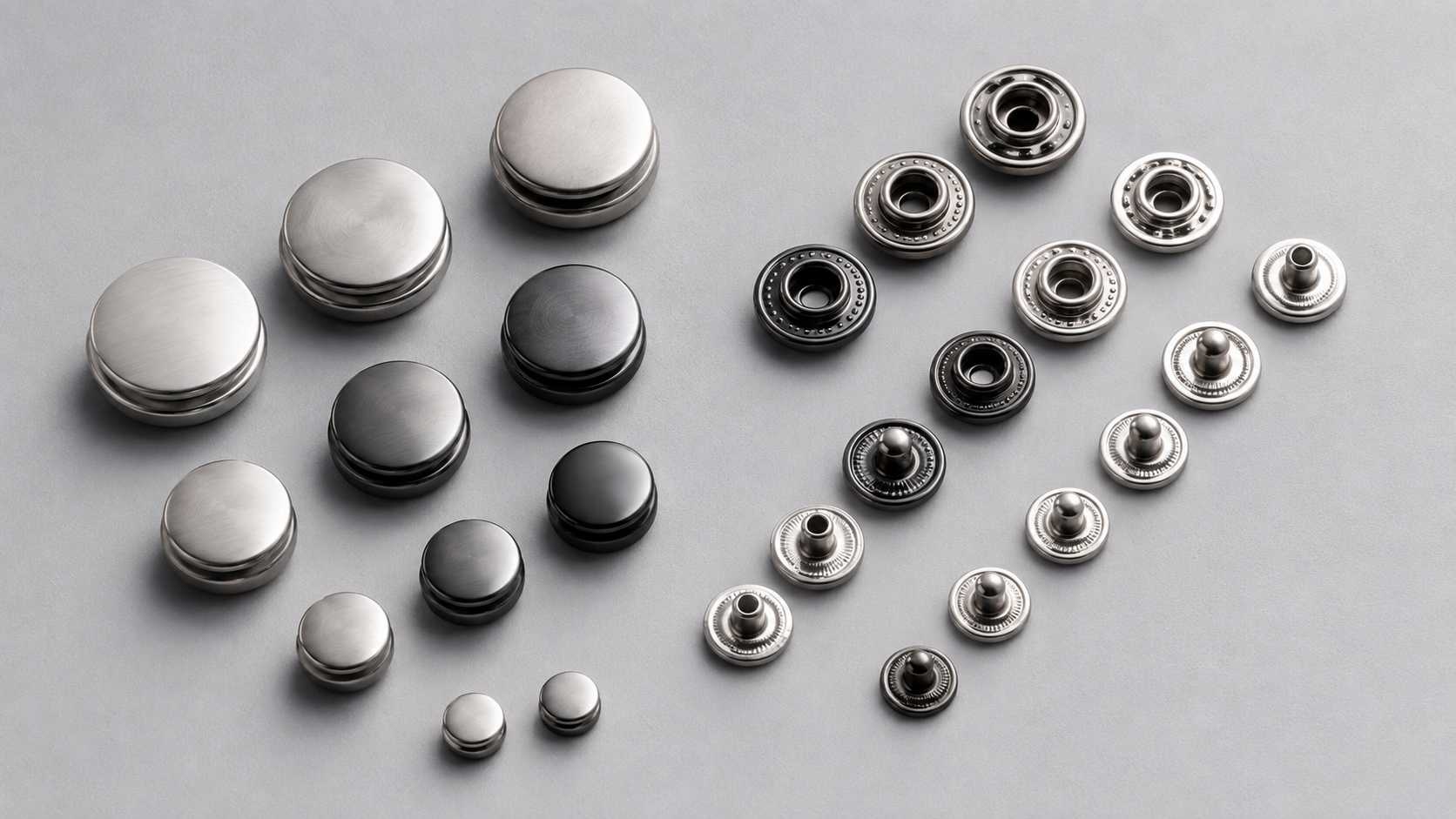 clothes snaps, Clothes snaps in silver and dark finishes are arranged by size with matching fastener components on a gray surface.